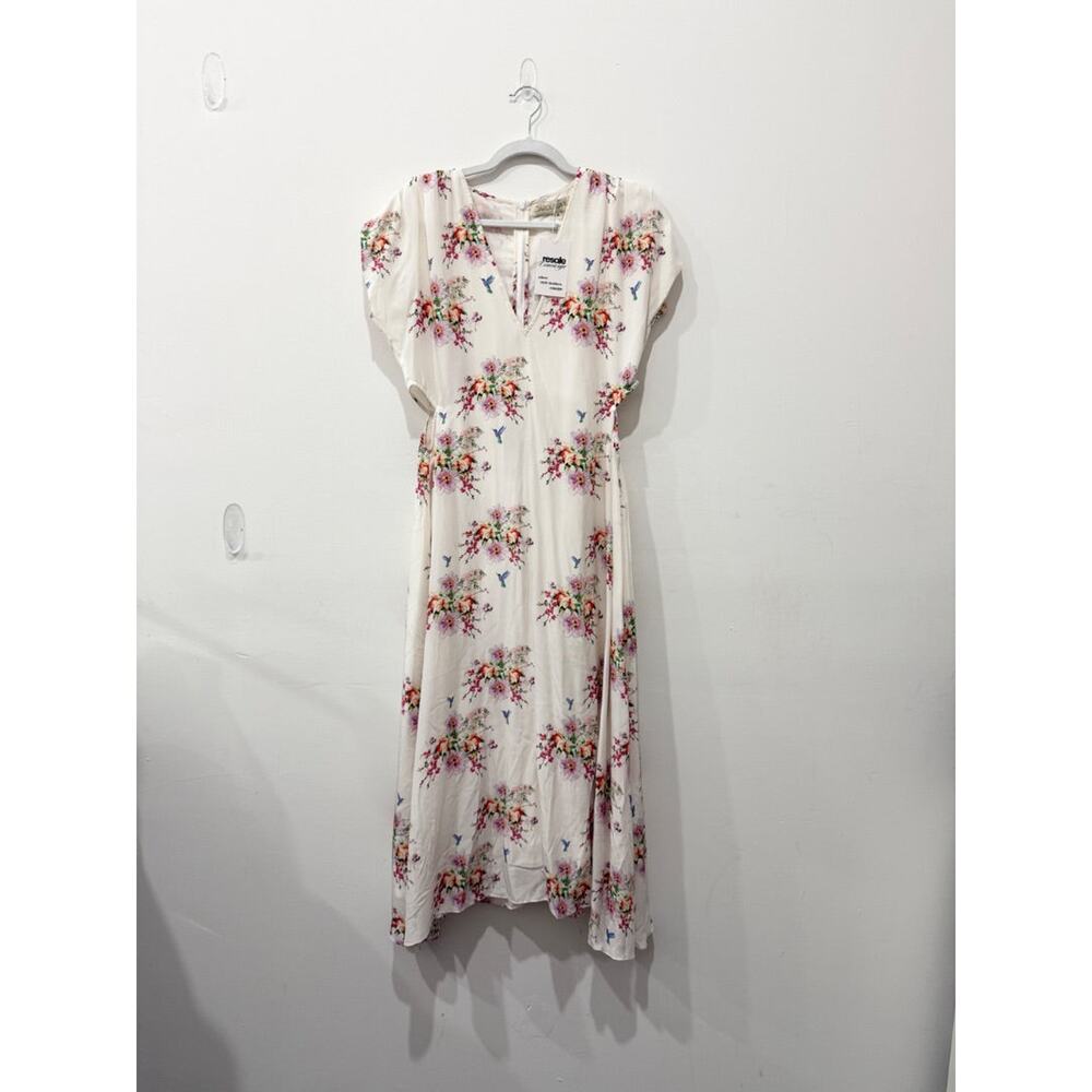 Carolina K 100% Silk Floral Cap Sleeve Cut Out A-Line Midi Dress Cream Pink XL